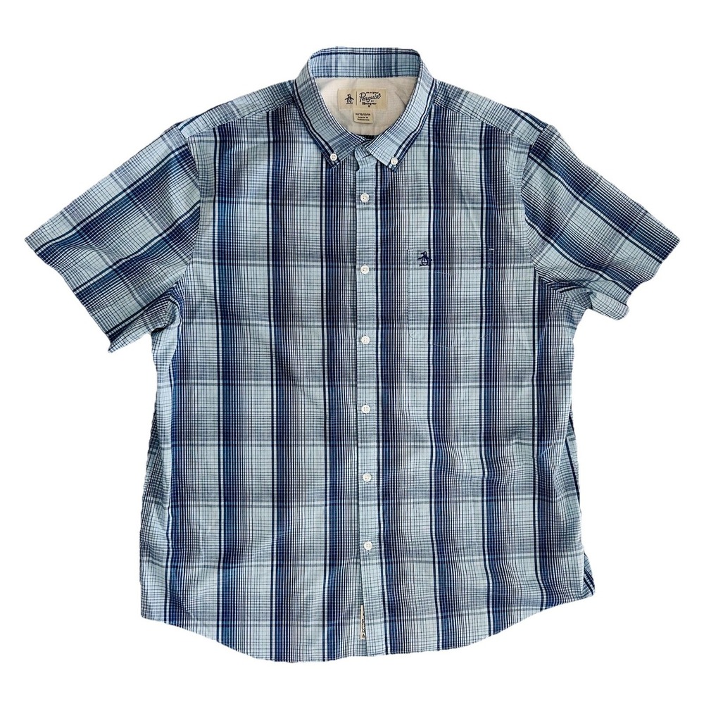 Penguin by Munsingwear Blue XL Classic Fit Shirt Button Plaid Vintage